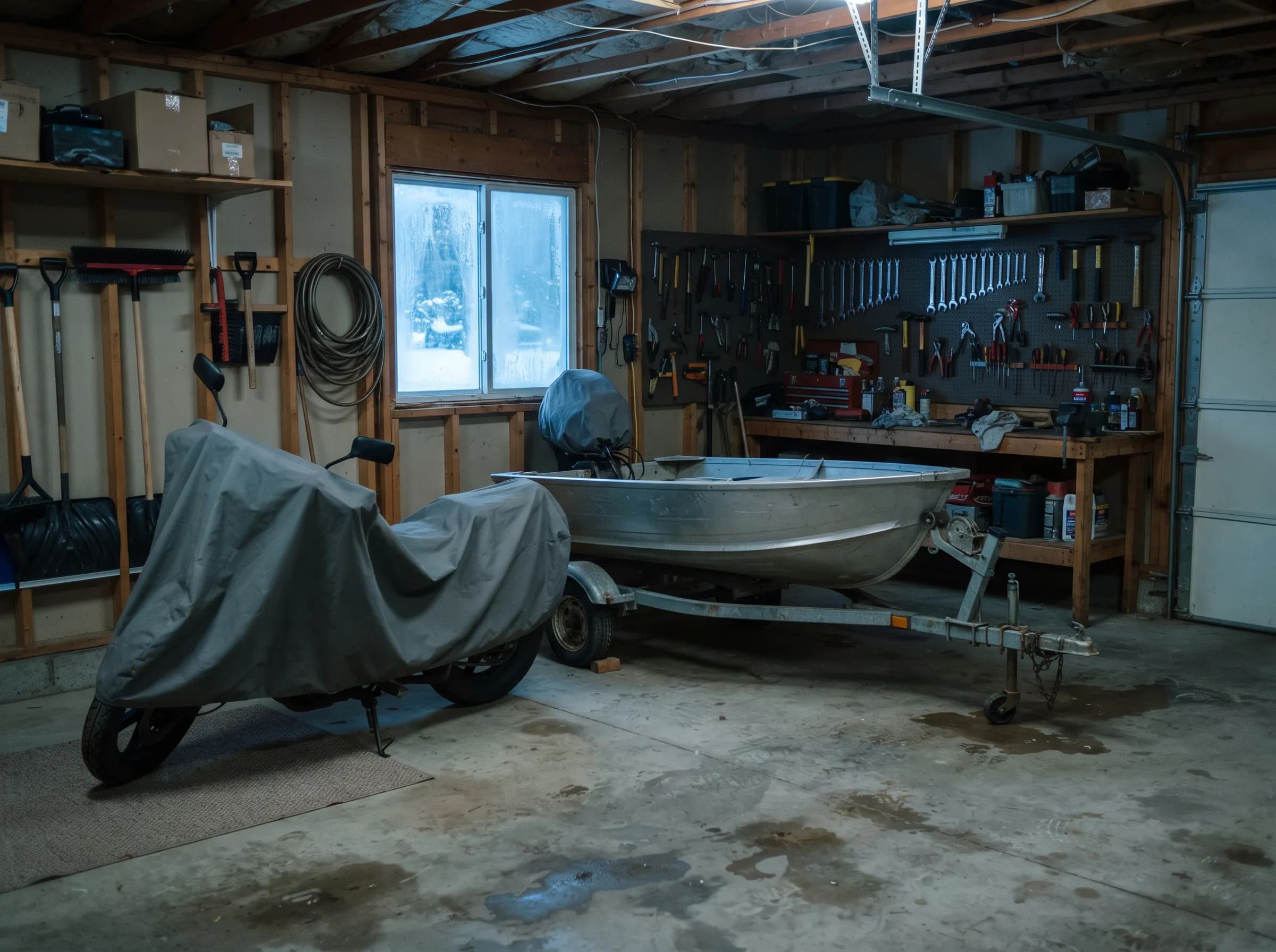Covered motorcycle and boat in winter storage in a Minnesota garage