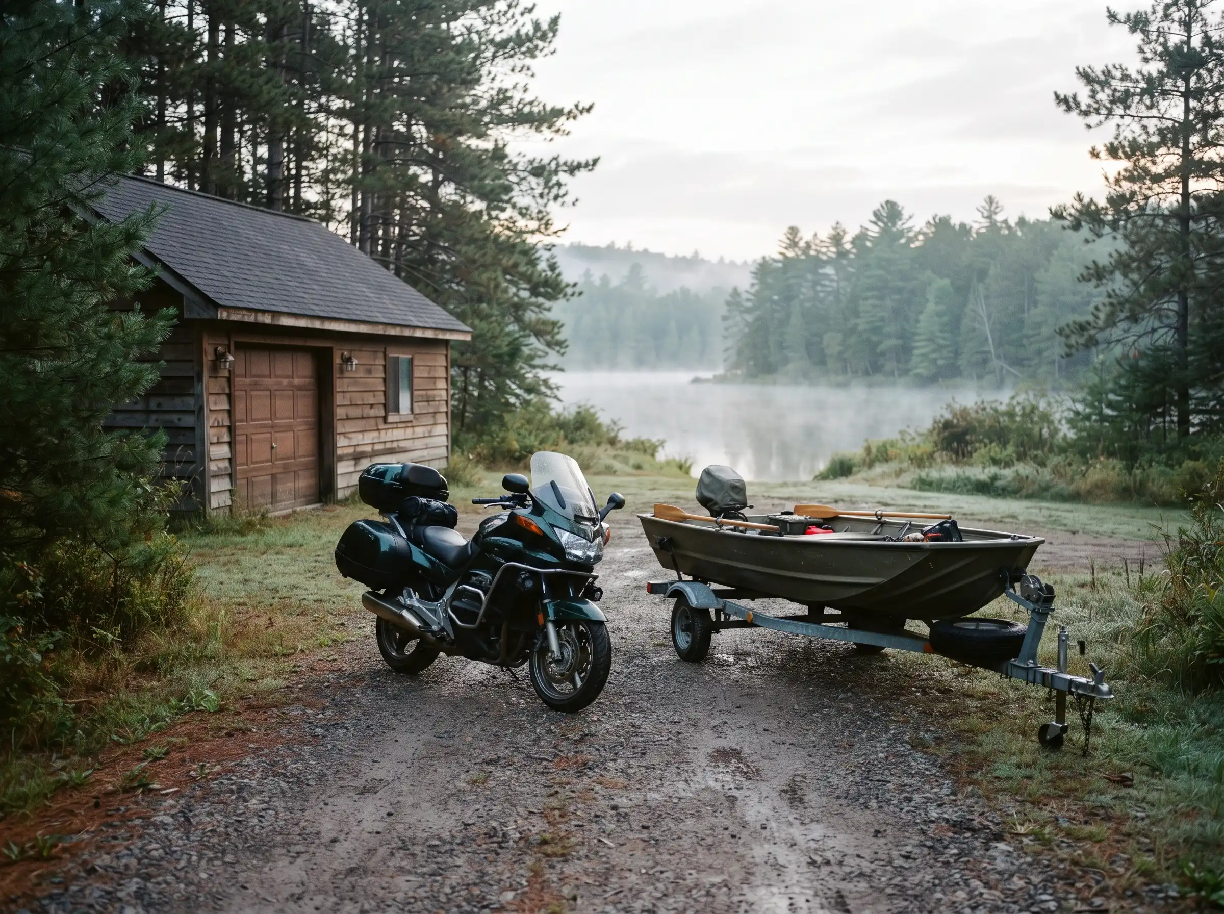Motorcycle and fishing boat on a trailer at a Minnesota lake
