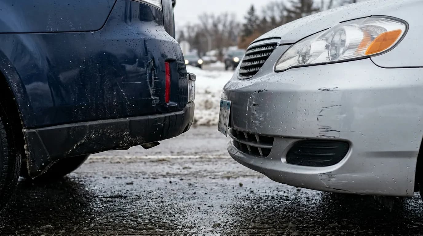 Close-up of two car bumpers after a fender bender on a Minnesota road, no visible car emblems