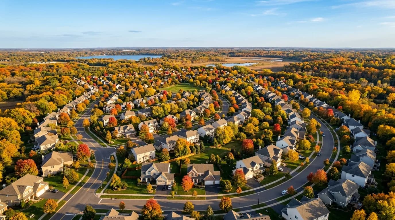 Aerial view of a suburban Minnesota neighborhood in autumn — homeowners insurance rates in Shakopee MN