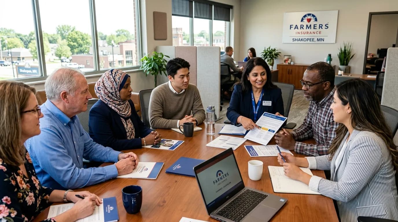 Diverse small business owners discussing commercial insurance options with a Farmers Insurance agent in Shakopee