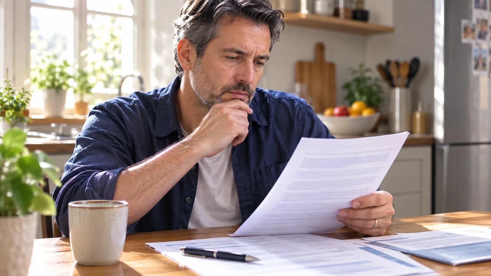 Minnesota homeowner reviewing a home insurance policy document at a kitchen table