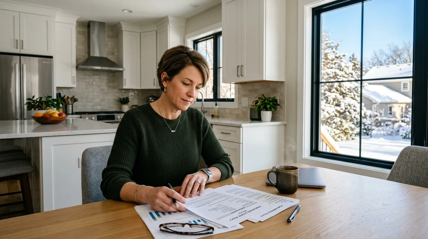 Minnesota homeowner reviewing home insurance policy documents at kitchen table
