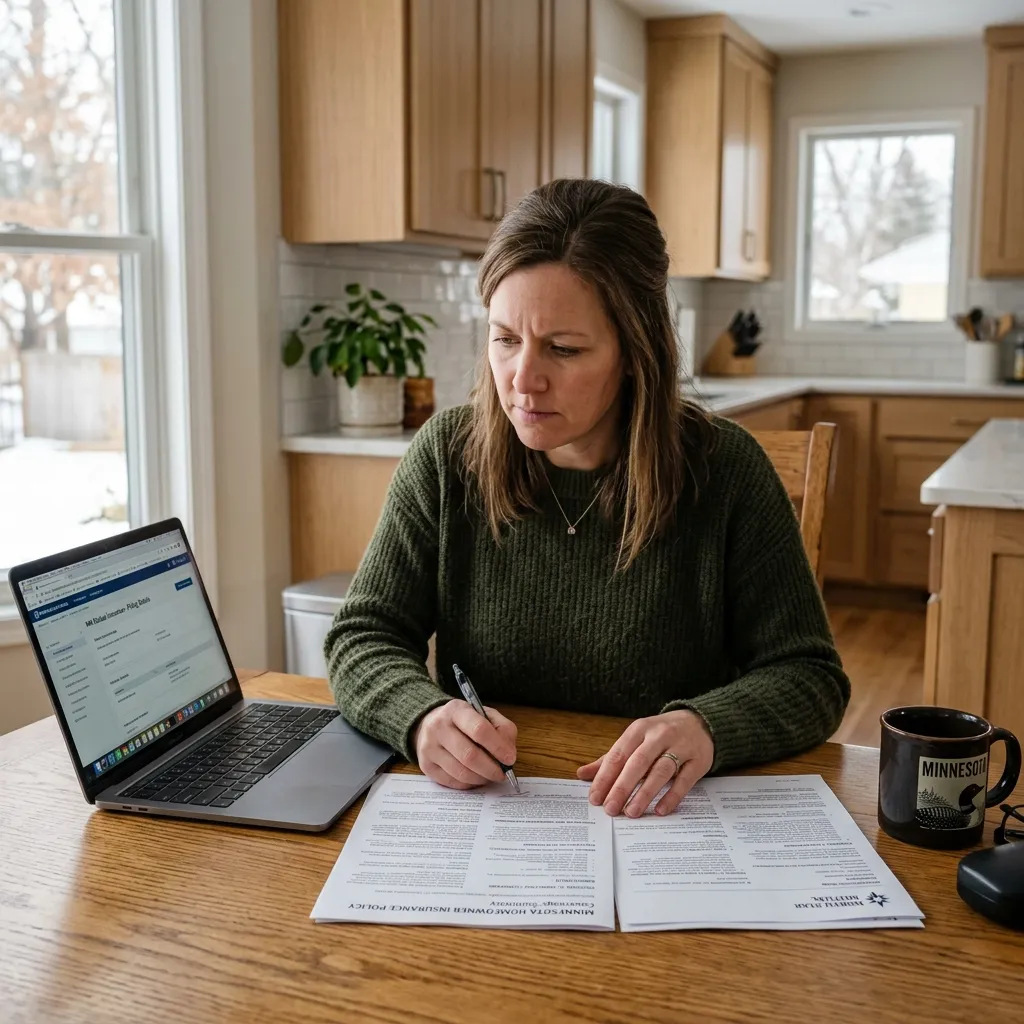 Minnesota homeowner reviewing home insurance policy documents at kitchen table