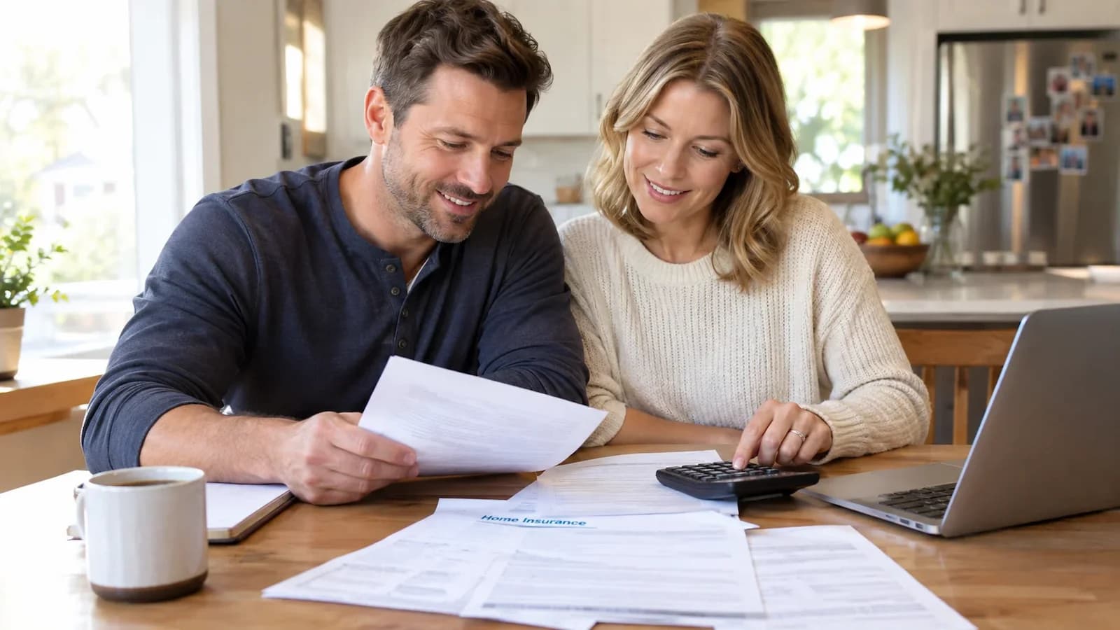 Couple at a kitchen table reviewing home insurance paperwork to find ways to save