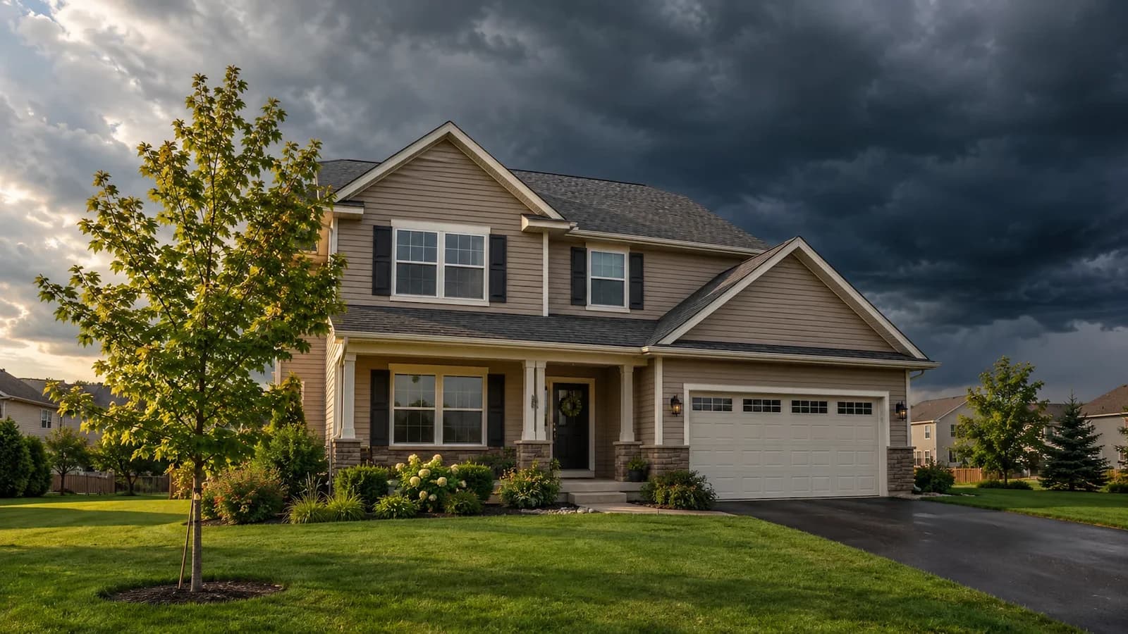 Suburban Minnesota home under building storm clouds, the kind of weather that shapes a home insurance deductible choice