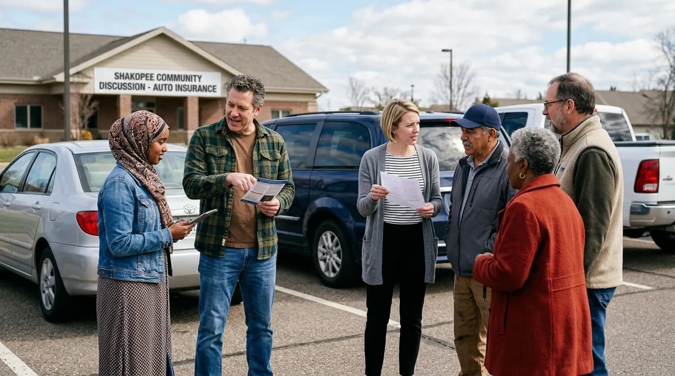 Shakopee residents discussing auto insurance coverage options and comparing car insurance plans
