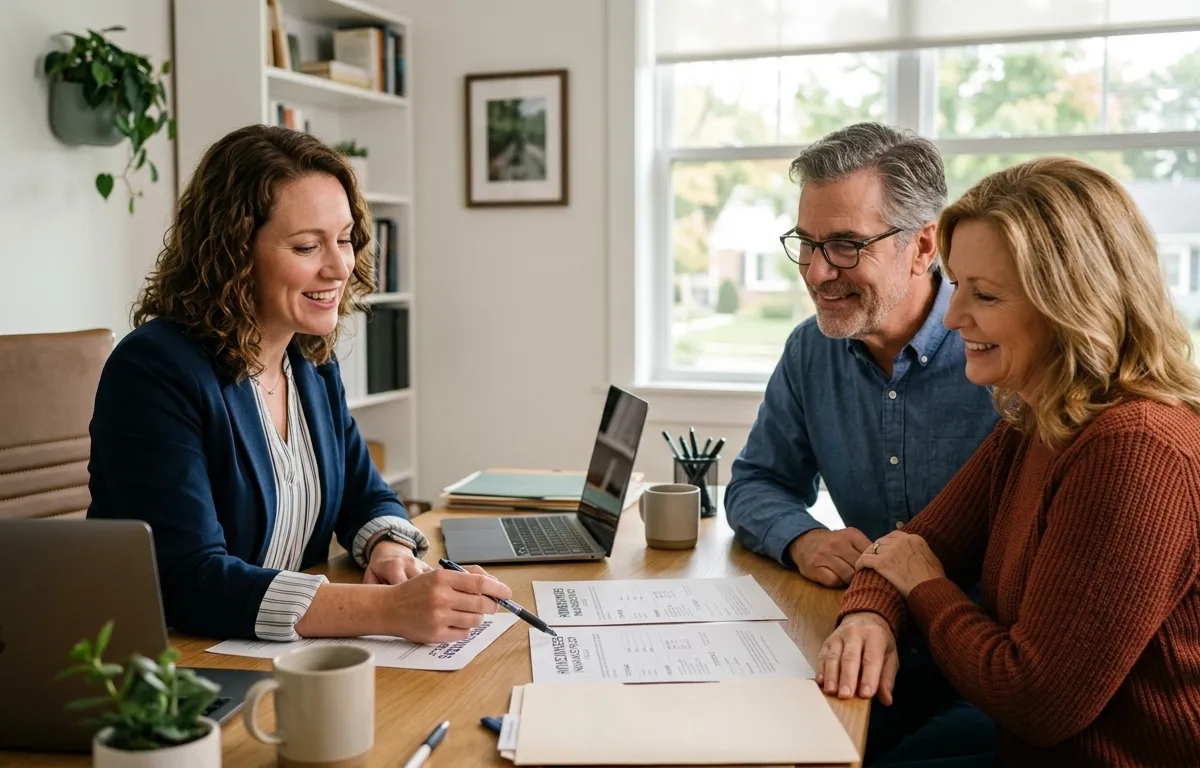 Local insurance agent reviewing homeowners insurance policy with homeowners in a professional office
