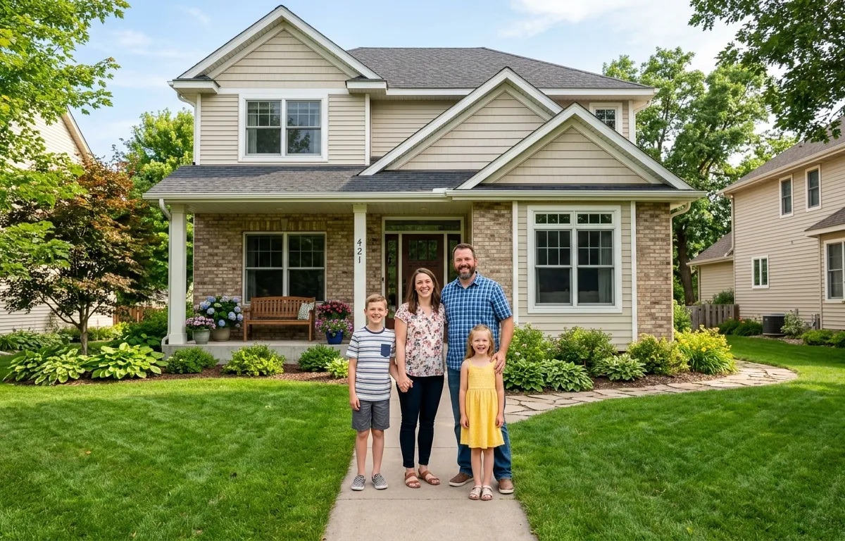 Happy Minnesota family in front of their suburban home — home insurance for Shakopee and Prior Lake