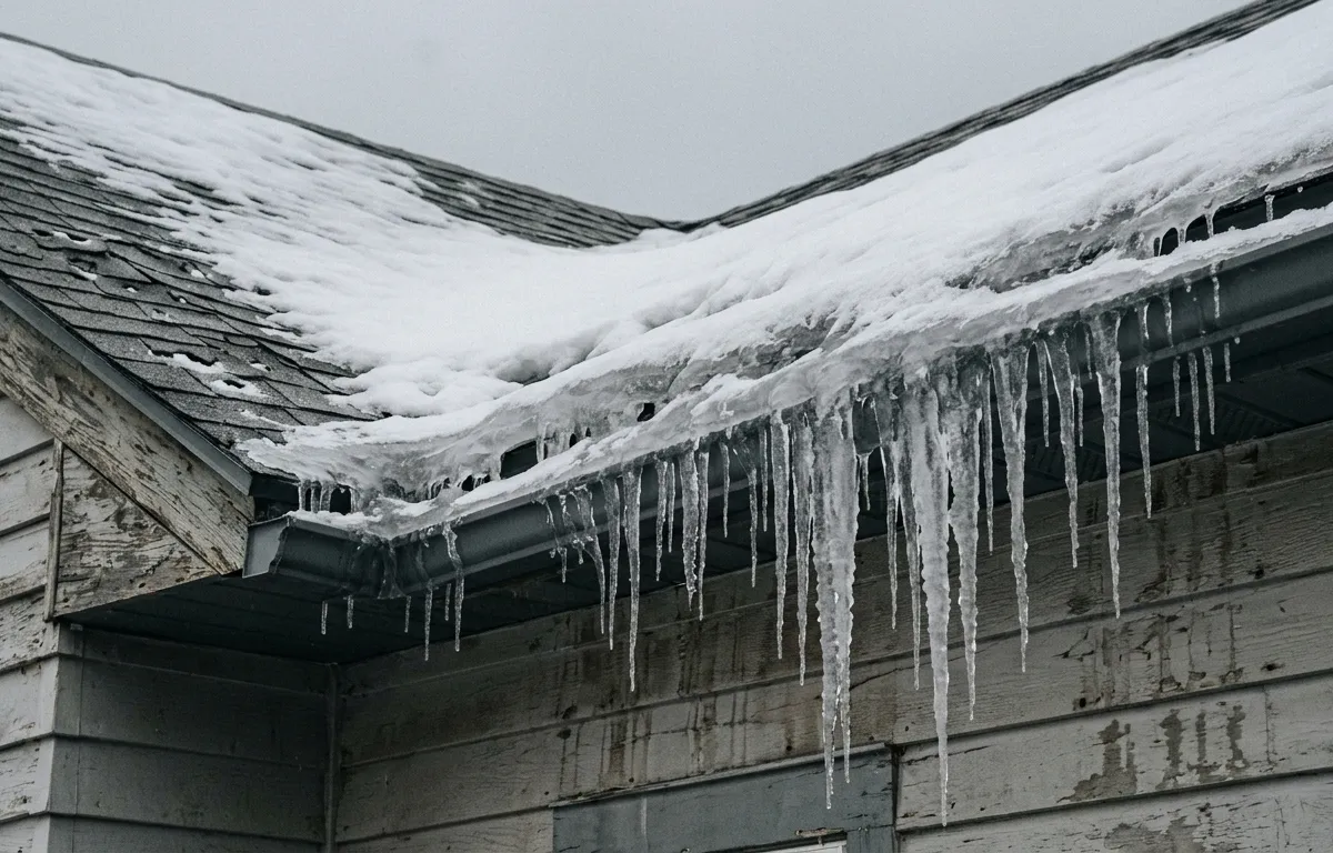 Minnesota home with ice dam and hail damage on roof — weather risks affecting homeowners insurance premiums