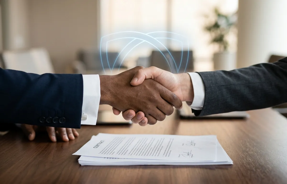 Business partnership and insurance agreement handshake