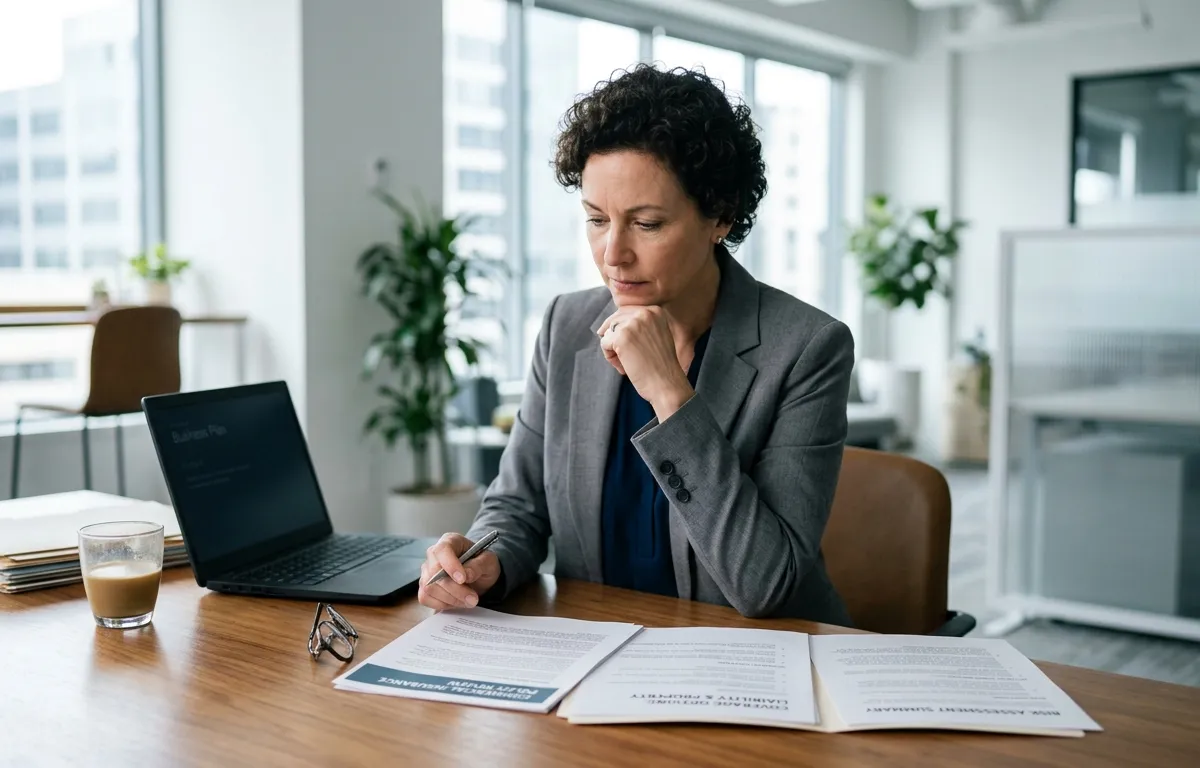 Business owner reviewing insurance documents and coverage options