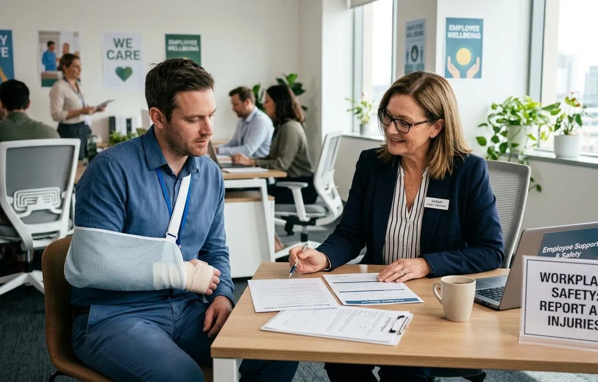 Business manager assisting injured employee, highlighting workers compensation insurance
