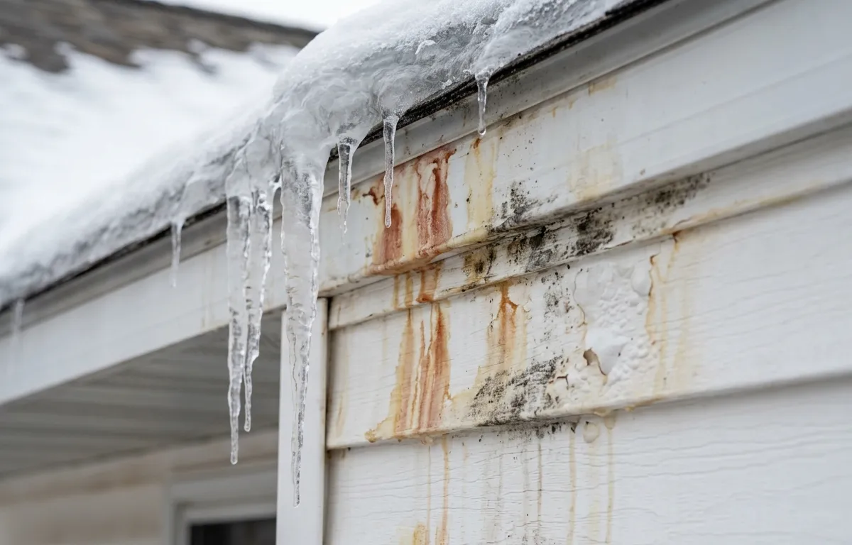 Ice dam damage on Minnesota home roof showing water damage and icicles