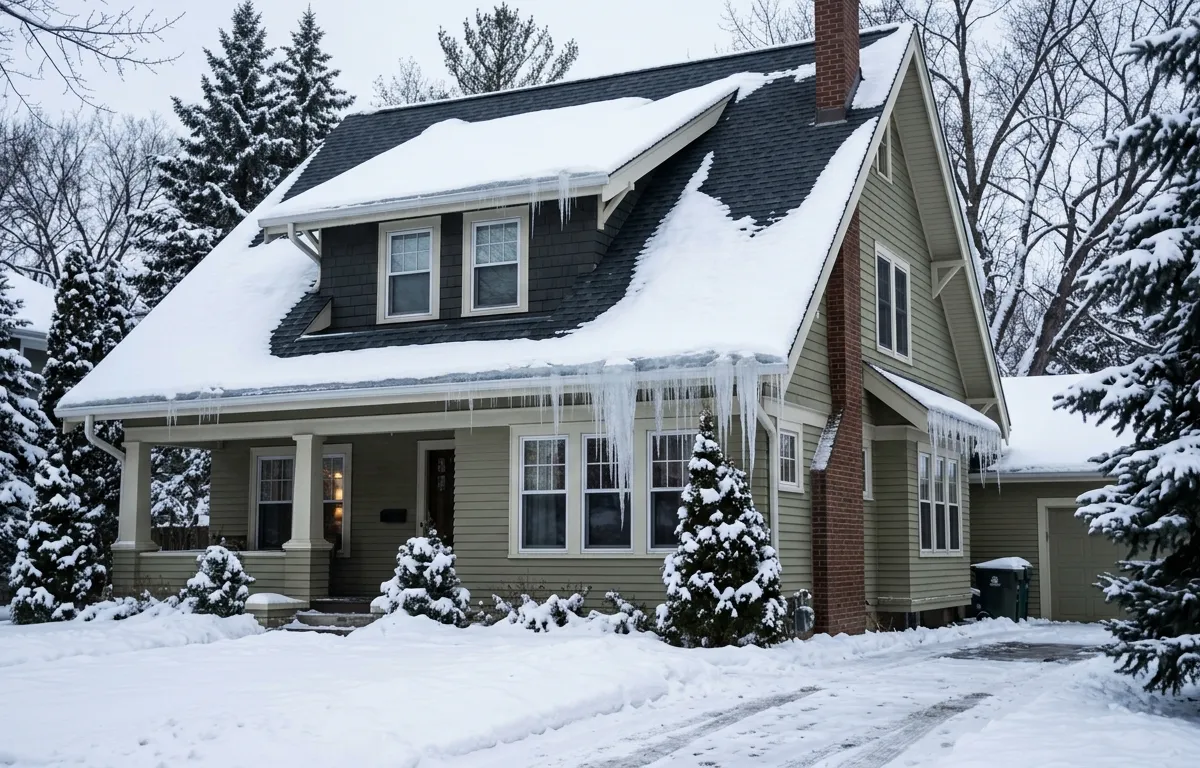 Minnesota home in winter with ice dam formation on roof eaves