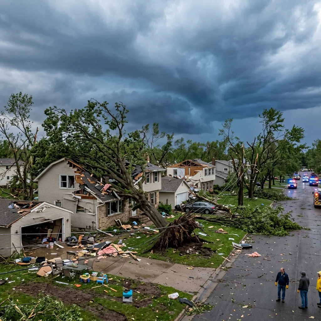 Minnesota storm damage from severe weather showing uprooted trees and damage
