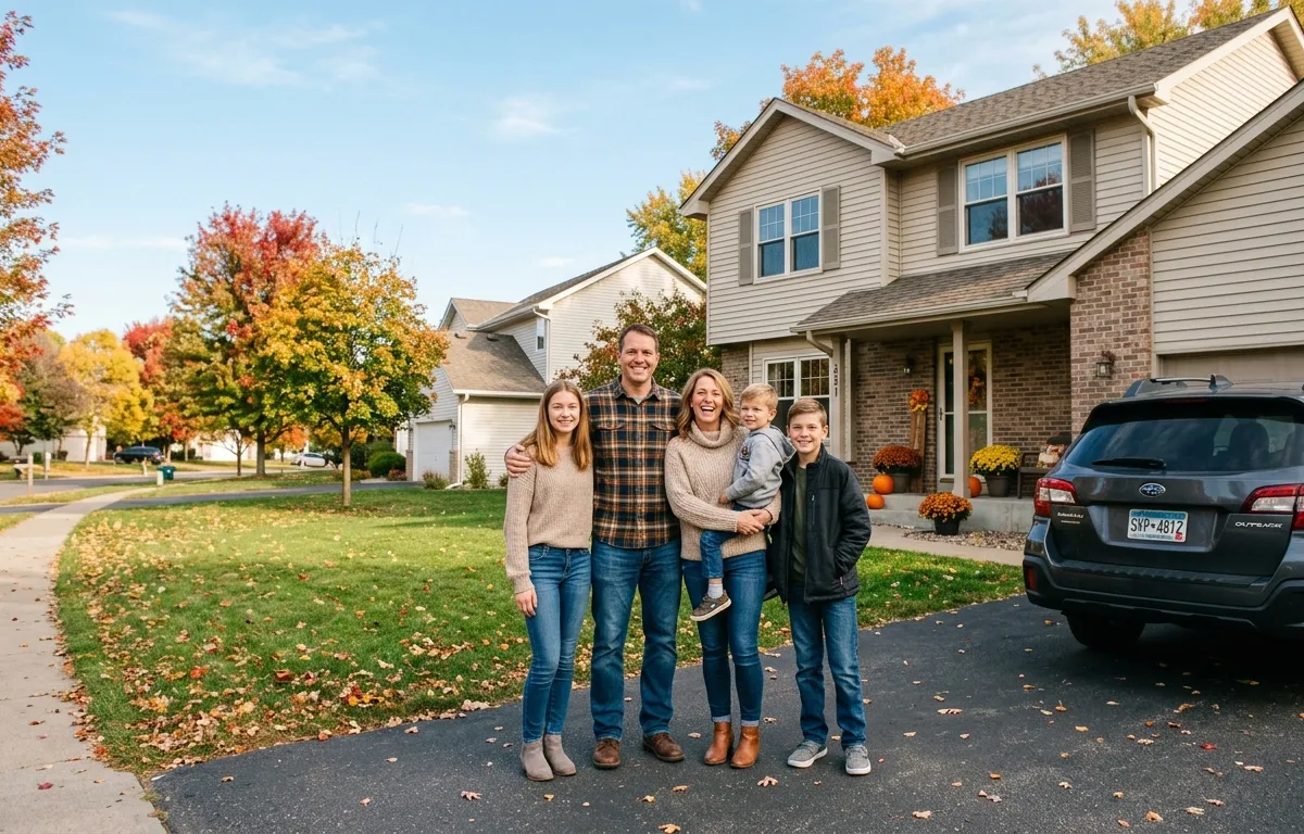 Shakopee Minnesota family standing in front of their home and car — confident with bundled home and auto insurance coverage
