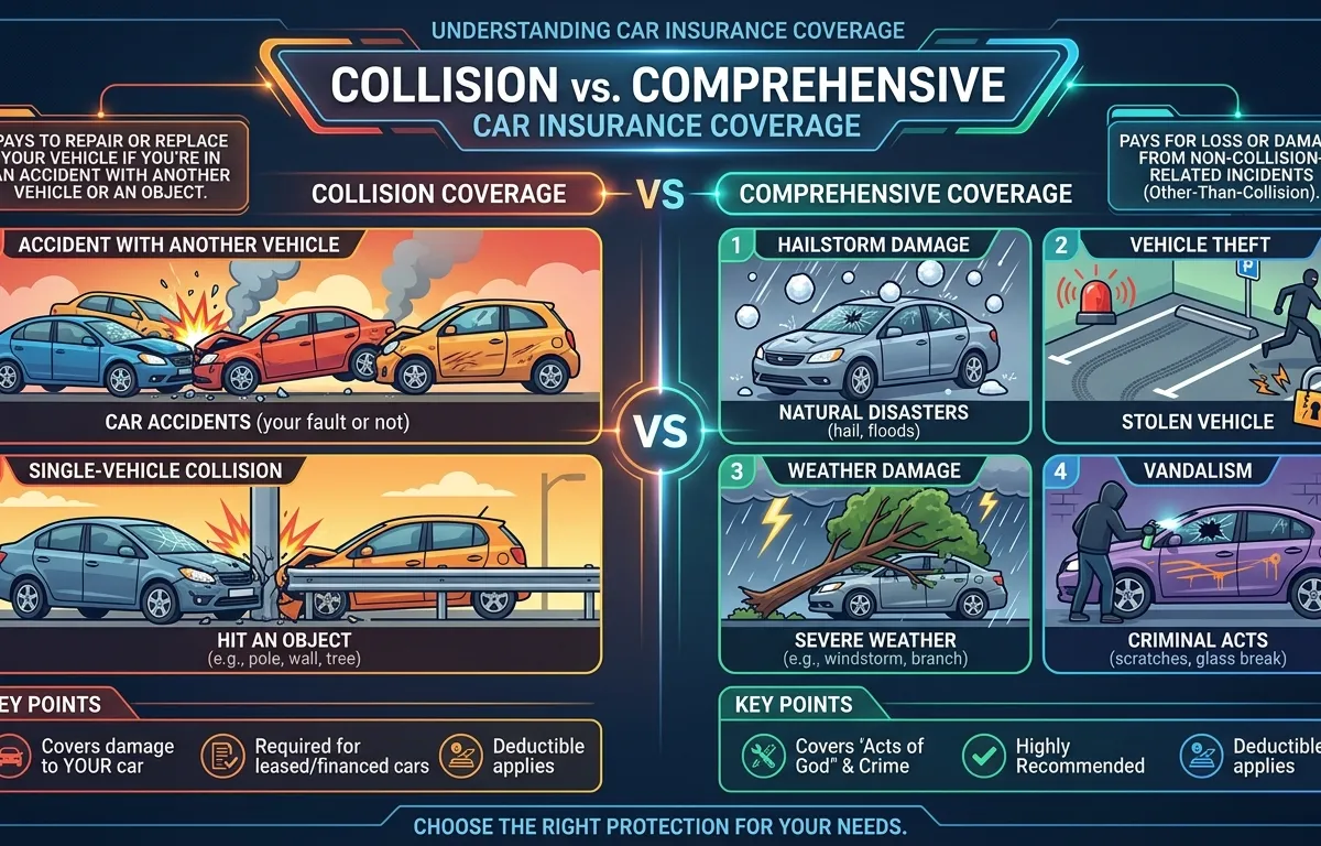 Examples of collision and comprehensive coverage scenarios protecting vehicles from accidents, weather, and theft in Shakopee